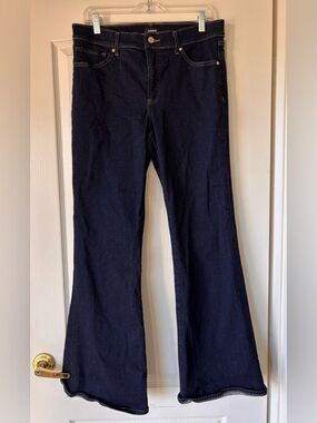 Express 70s Flare Jeans Women 10L Mid Rise Dark Wash Stretch Y2K Bootcut Style